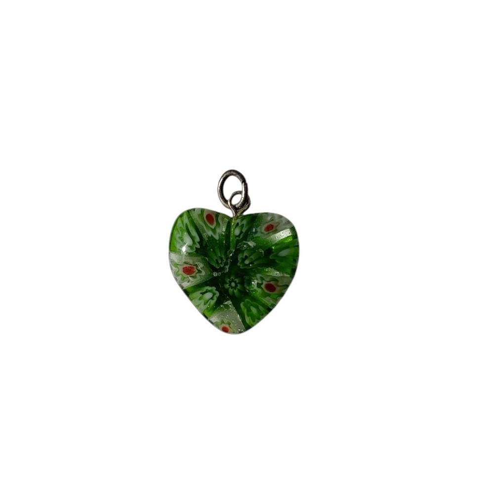 Vintage Millefiori Glass Unique Green Heart Flowers Necklace Pendant
